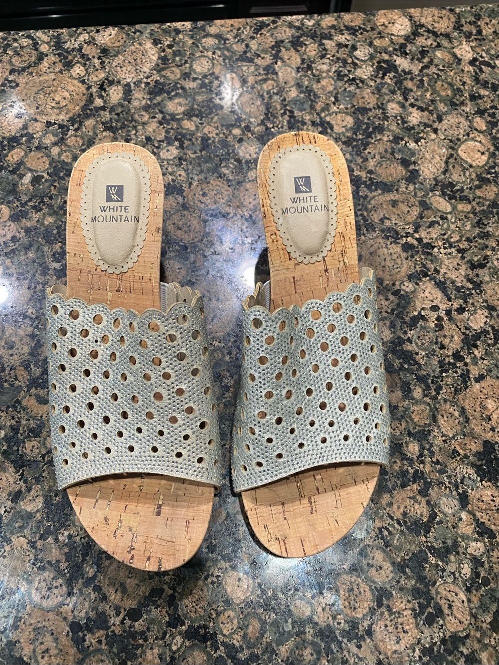 White Mountain Silver and Rhinestone Perforated Cork Slide Mules